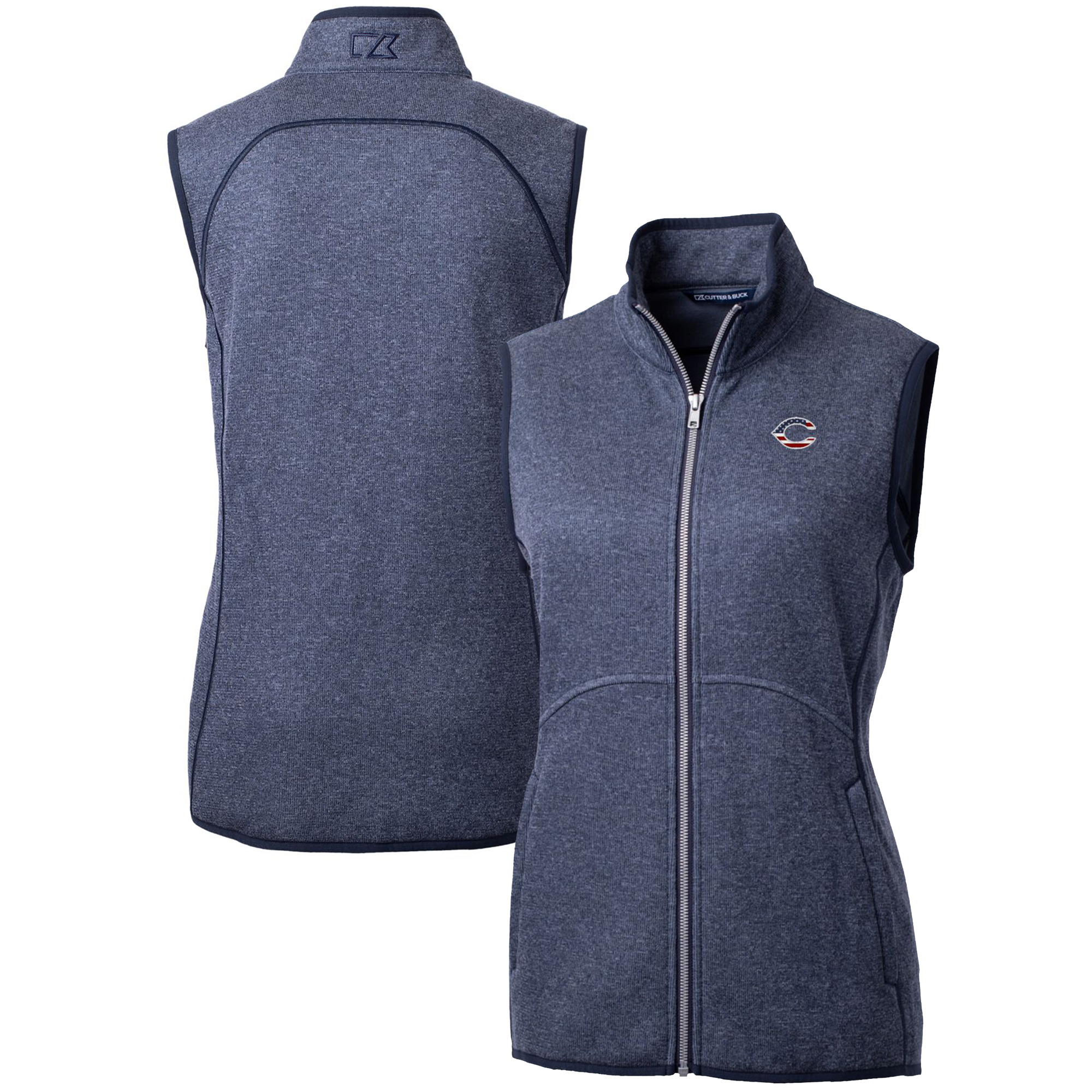 Women's Cutter & Buck Heather Navy Cincinnati Reds Americana Logo Mainsail Sweater-Knit Full-Zip Vest