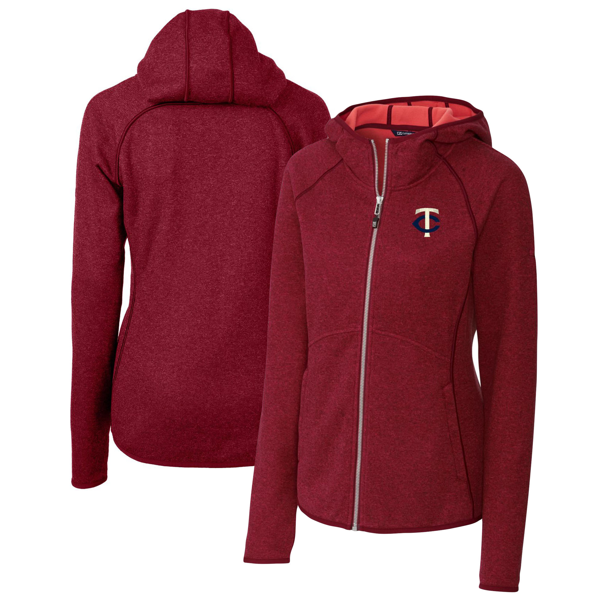 Women's Cutter & Buck Cardinal Minnesota Twins Mainsail Sweater Knit Full-Zip Hoodie