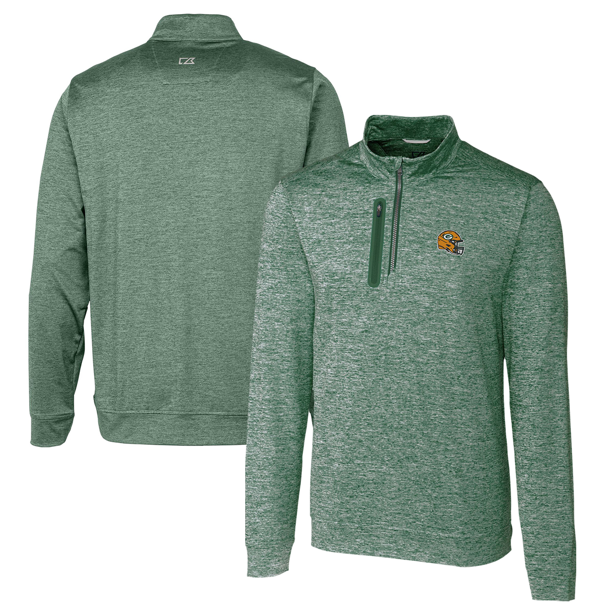 Men's Cutter & Buck Green Green Bay Packers Helmet Stealth Heathered Quarter-Zip Pullover Top