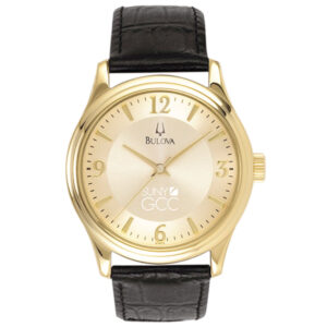 Men's Bulova  Gold/Black SUNY Genesee Community College Stainless Steel Watch with Leather Band