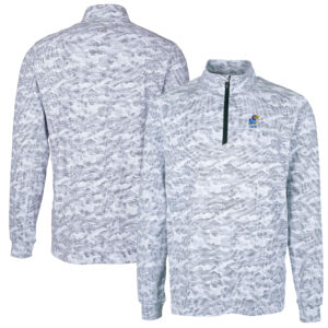 Men's Cutter & Buck  Charcoal Kansas Jayhawks Alumni Logo Traverse Camo Print Stretch Quarter-Zip Pullover Top