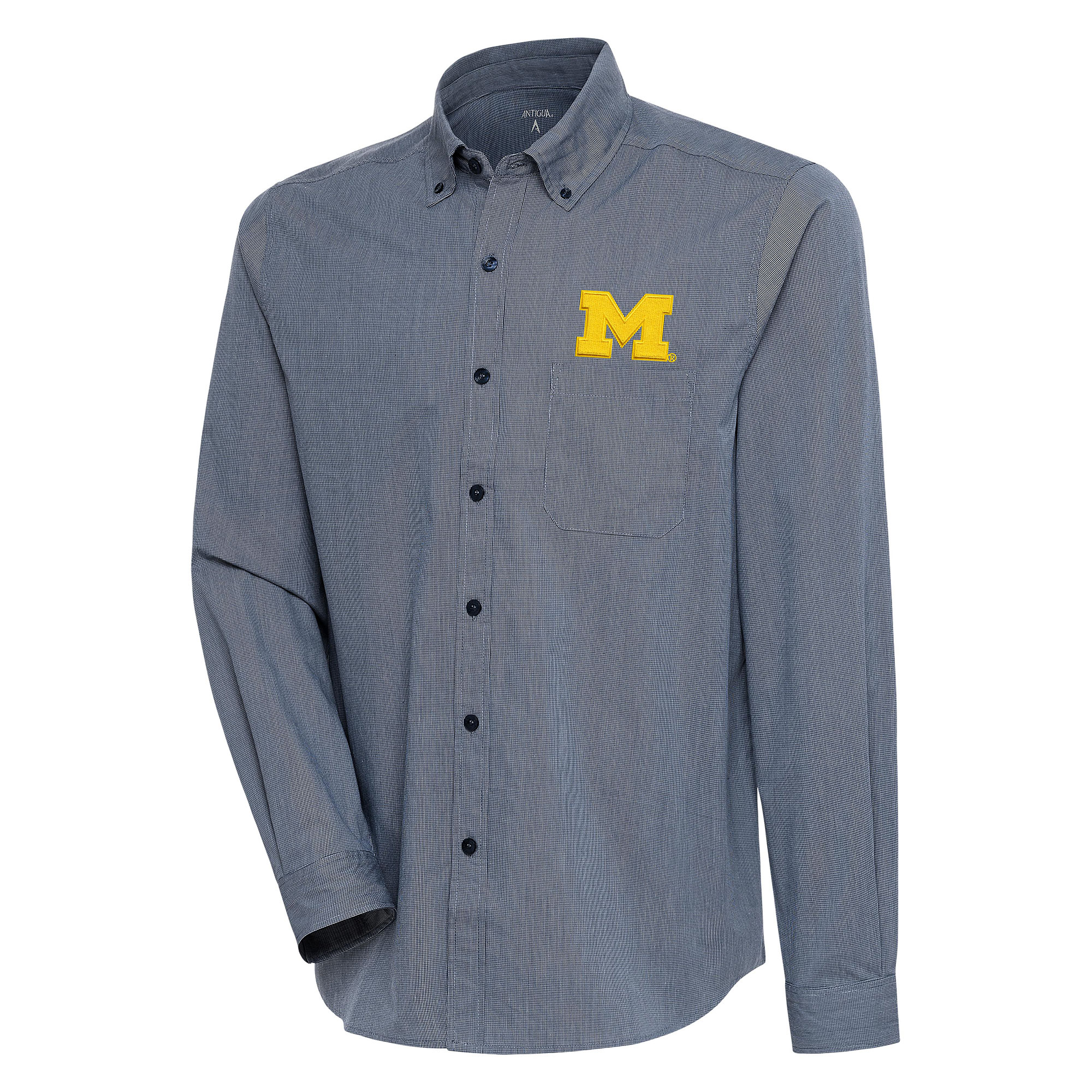 Men's Antigua Navy/White Michigan Wolverines Compression Long Sleeve Button-Down Shirt