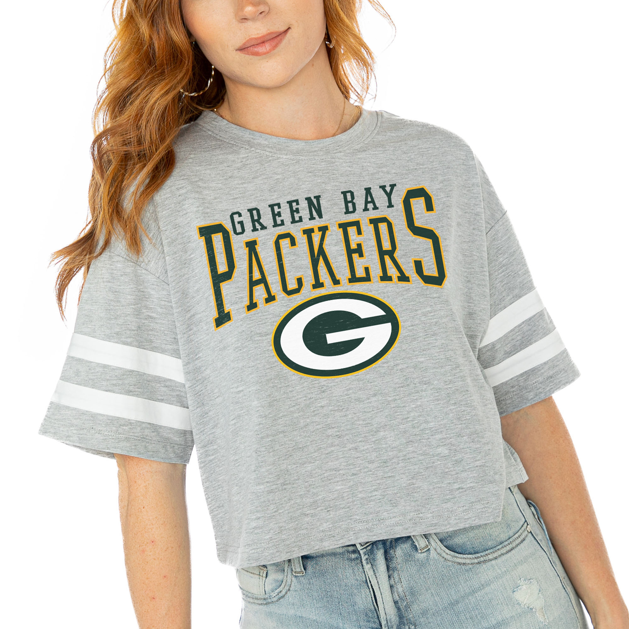 Women's Gameday Couture Gray Green Bay Packers Gridiron Glam Cropped T-Shirt