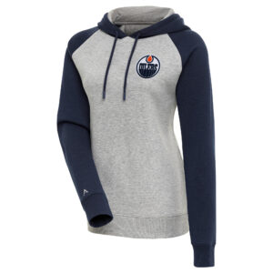 Women's Antigua Heather Gray/Navy Edmonton Oilers Victory Raglan Pullover Hoodie