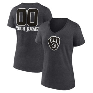 Women's Charcoal Milwaukee Brewers Personalized Monochrome Name & Number V-Neck T-Shirt