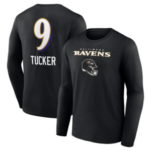 Men's Justin Tucker Black Baltimore Ravens Team Wordmark Player Name & Number Long Sleeve T-Shirt