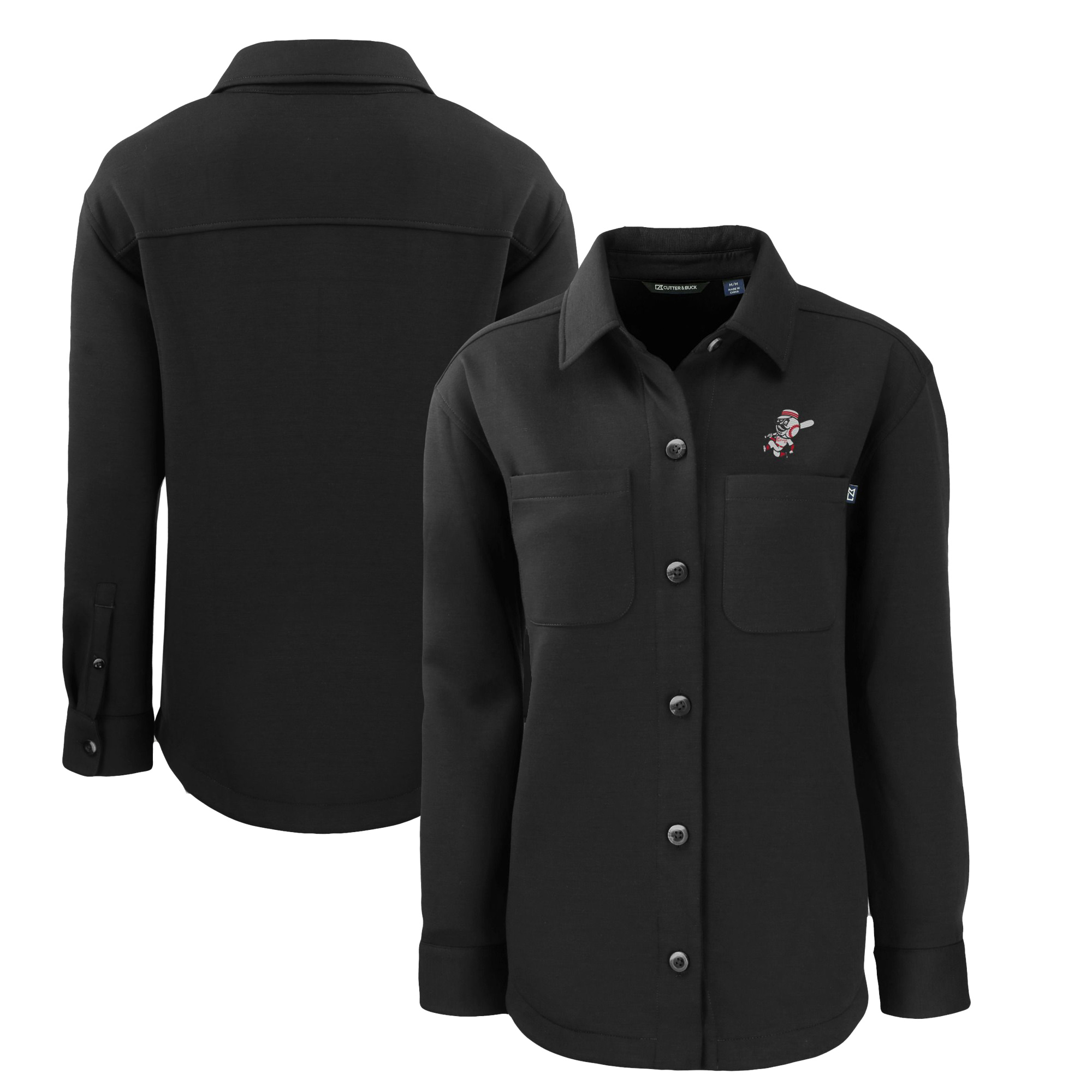 Women's Cutter & Buck Black Cincinnati Reds Cooperstown Collection Roam Eco Knit Full-Snap Shacket