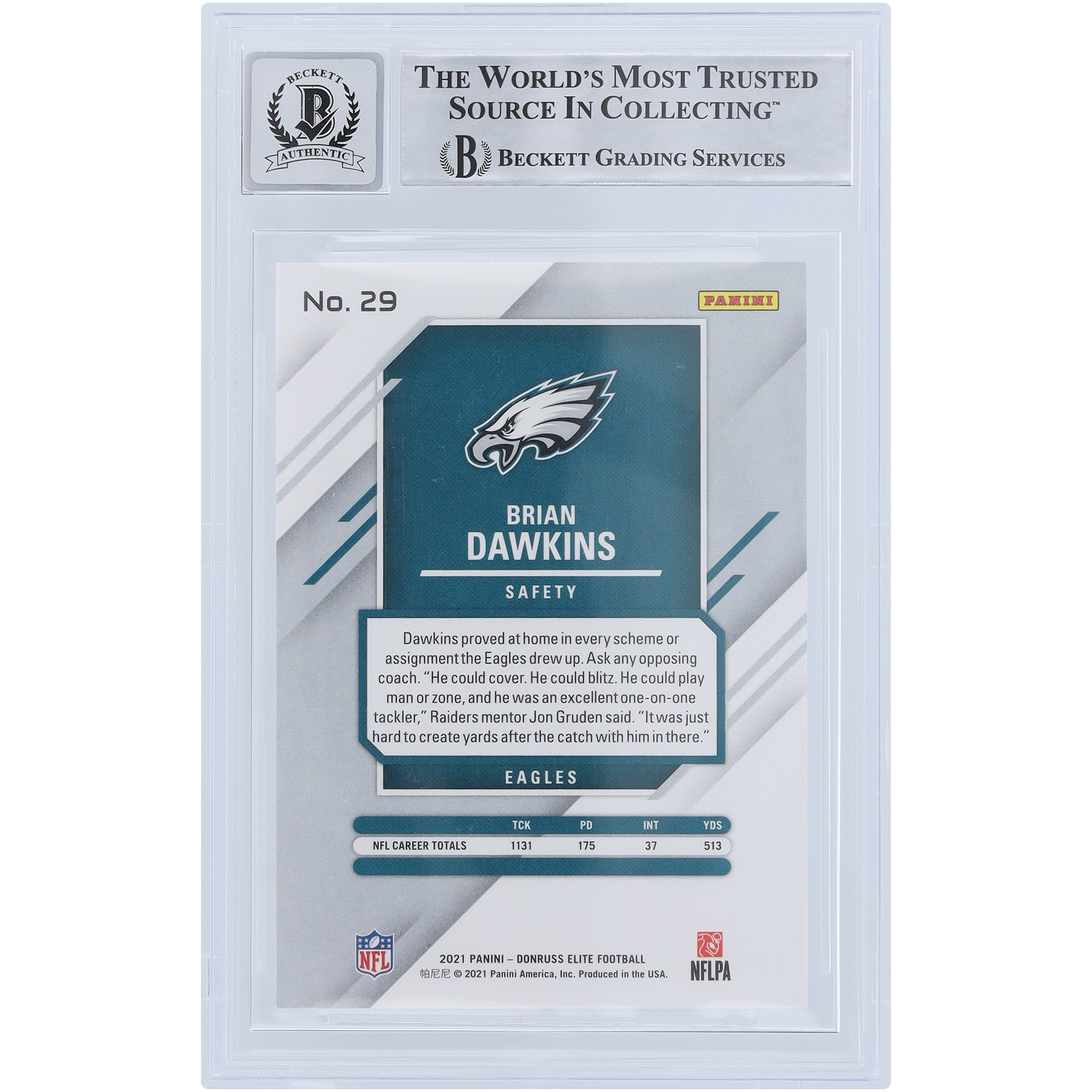 Brian Dawkins Philadelphia Eagles Autographed 2021 Panini Elite Red #29 #/399 Beckett Fanatics Witnessed Authenticated 9/10 Card - Image 5