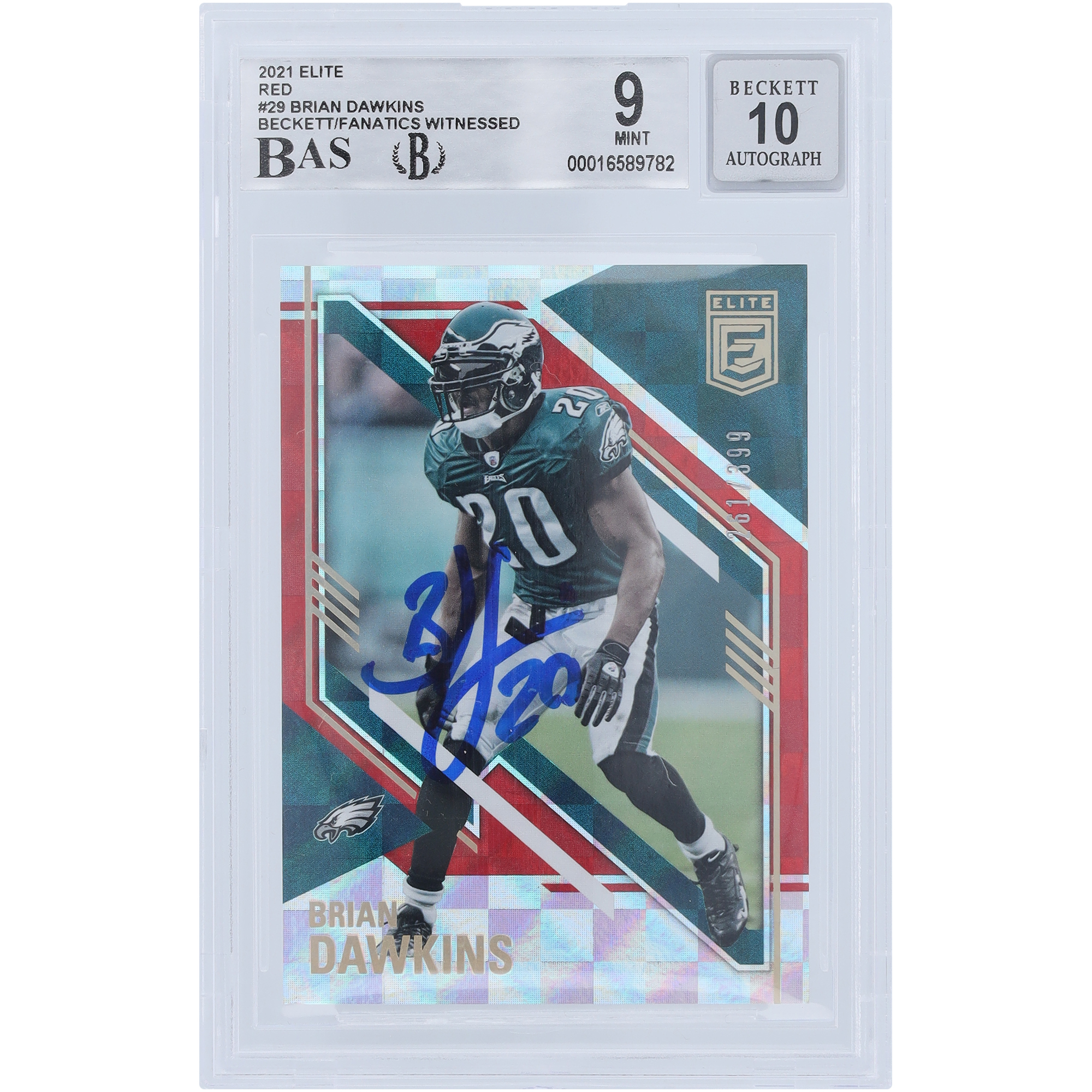 Brian Dawkins Philadelphia Eagles Autographed 2021 Panini Elite Red #29 #/399 Beckett Fanatics Witnessed Authenticated 9/10 Card