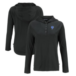 Women's Cutter & Buck Black Los Angeles Rams Historic Coastline Epic Comfort Eco Recycled Raglan Pullover Hoodie