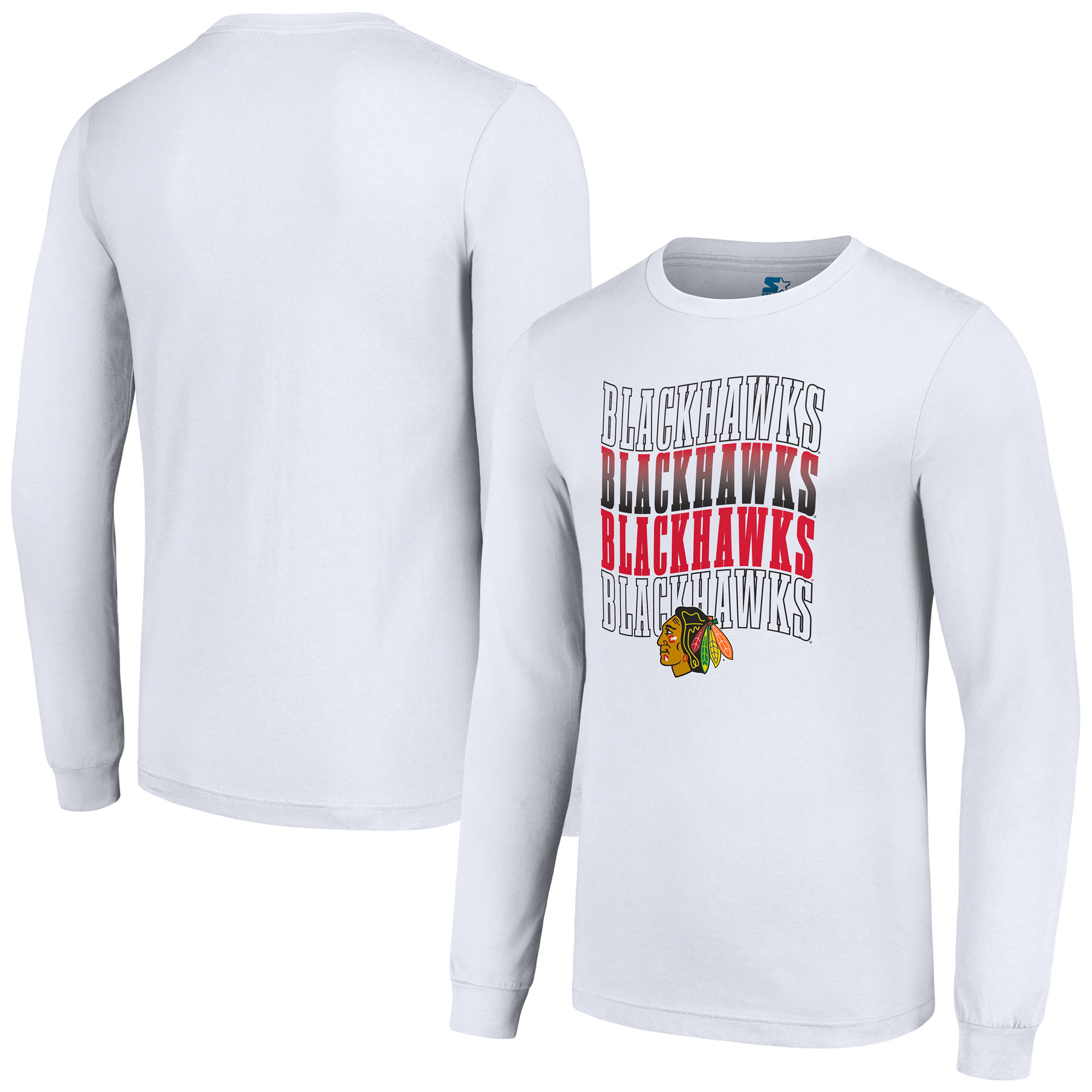 Men's Starter White Chicago Blackhawks Four Team Name Logo Long Sleeve Graphic T-Shirt