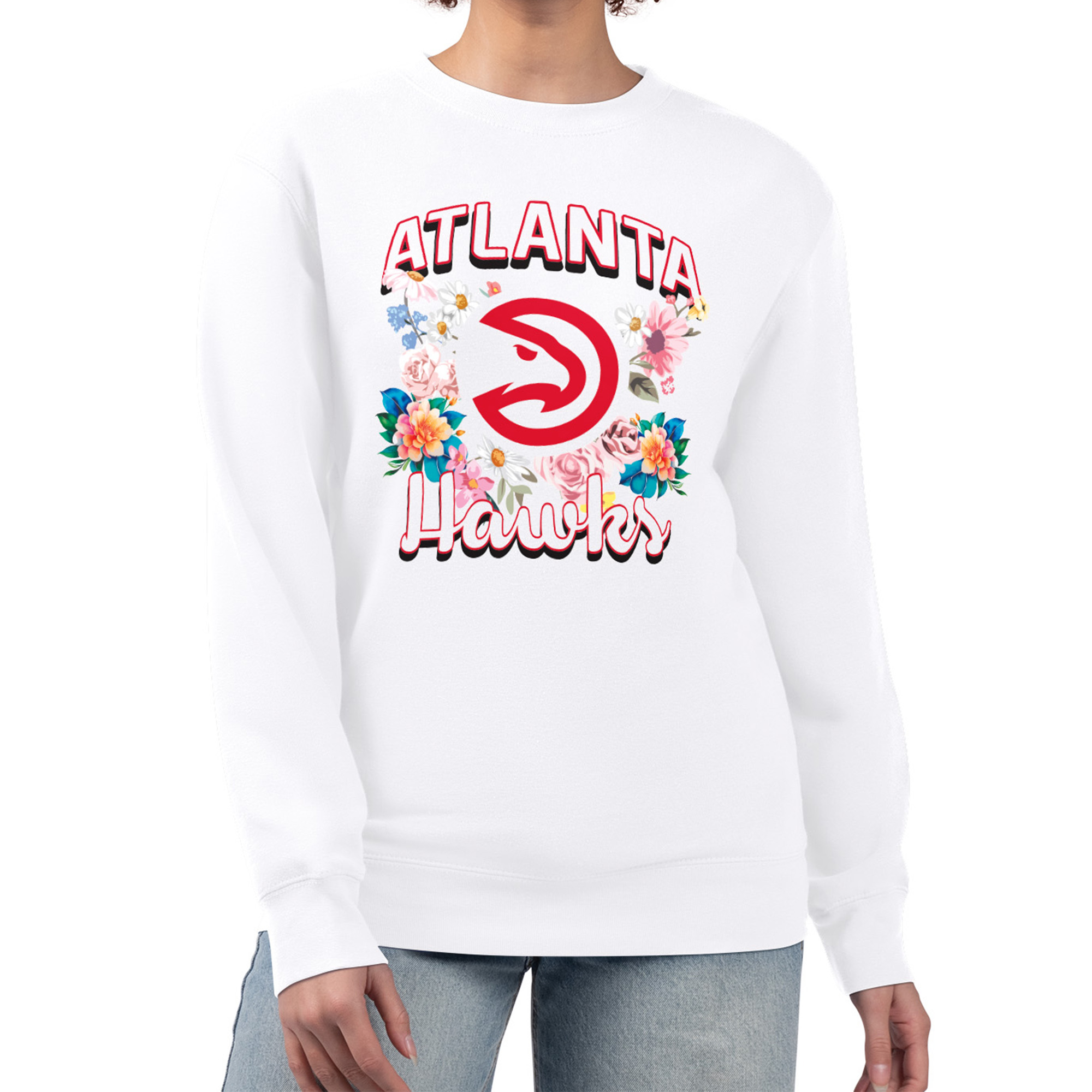 Women's G-III 4Her by Carl Banks White Atlanta Hawks Flowers Team Logo Graphic Fleece Crewneck Pullover Sweatshirt