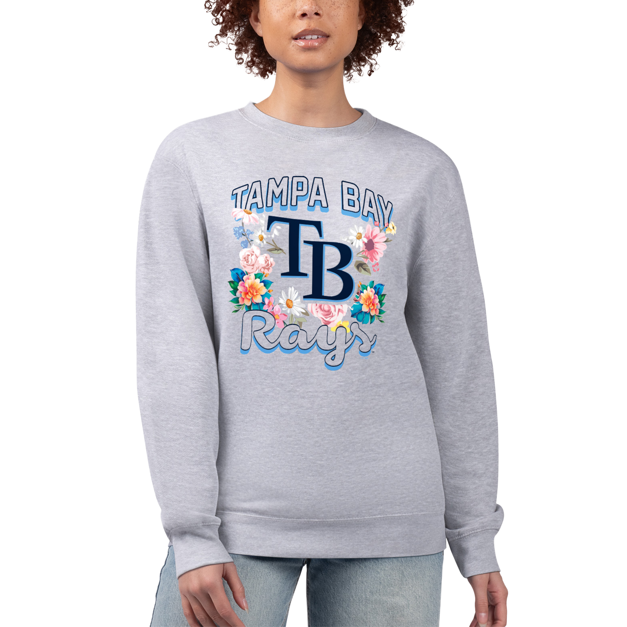 Women's G-III 4Her by Carl Banks Heather Gray Tampa Bay Rays Flowers Graphic Pullover Sweatshirt
