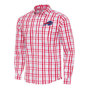 Men's Antigua Red/Gray Buffalo Bills Tending Woven Tri-Blend Long Sleeve Button-Down Shirt