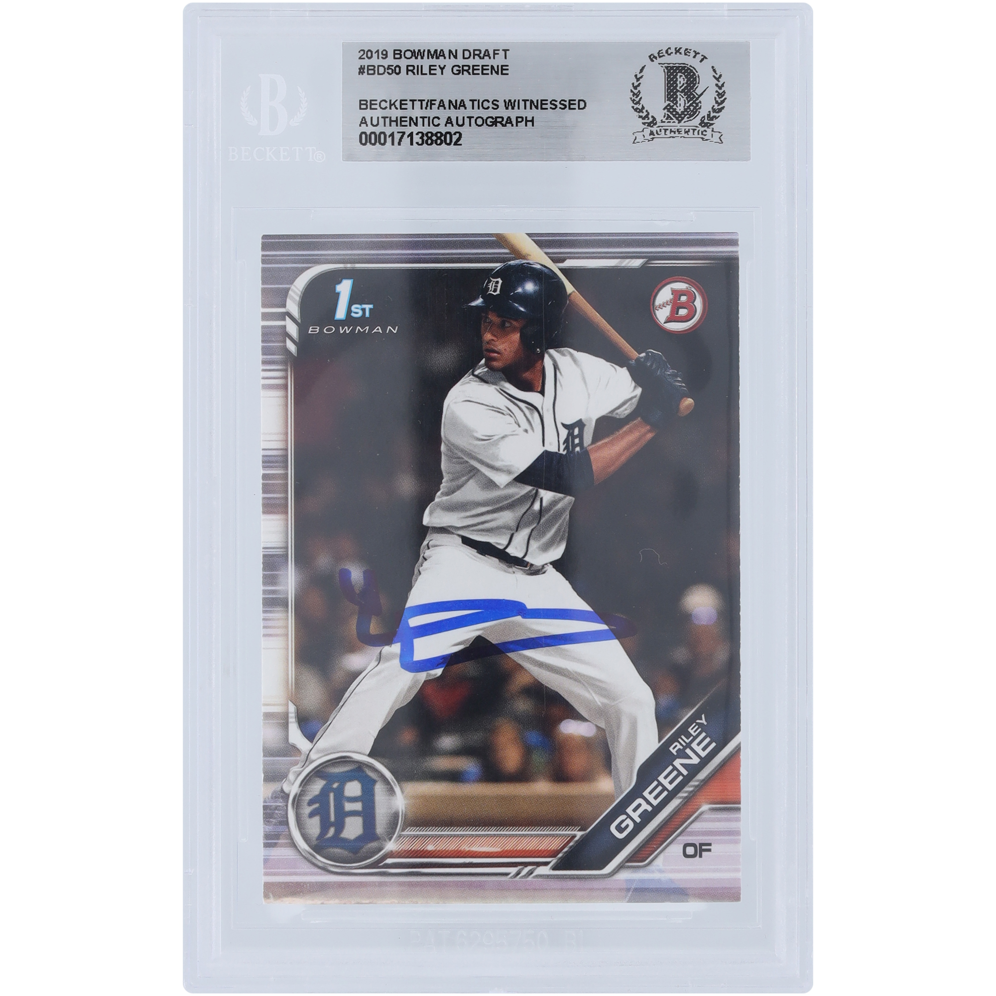 Riley Greene Detroit Tigers Autographed 2019 Bowman Draft #BD-50 Beckett Fanatics Witnessed Authenticated Card