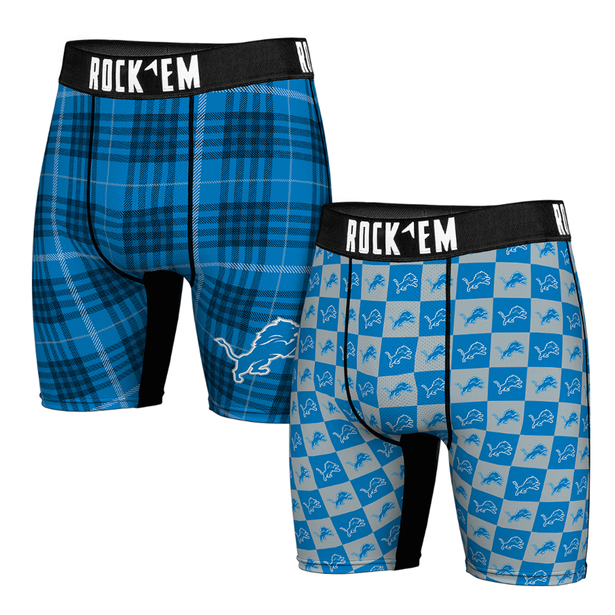 Men's Rock Em Socks Detroit Lions Two-Pack Plaid and Checkerboard Boxer Briefs