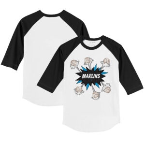 Youth Tiny Turnip White/Black Miami Marlins Baseball Pow 3/4-Sleeve Raglan T-Shirt