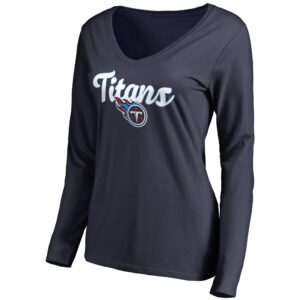 Women's Navy Tennessee Titans Freehand V-Neck Long Sleeve T-Shirt