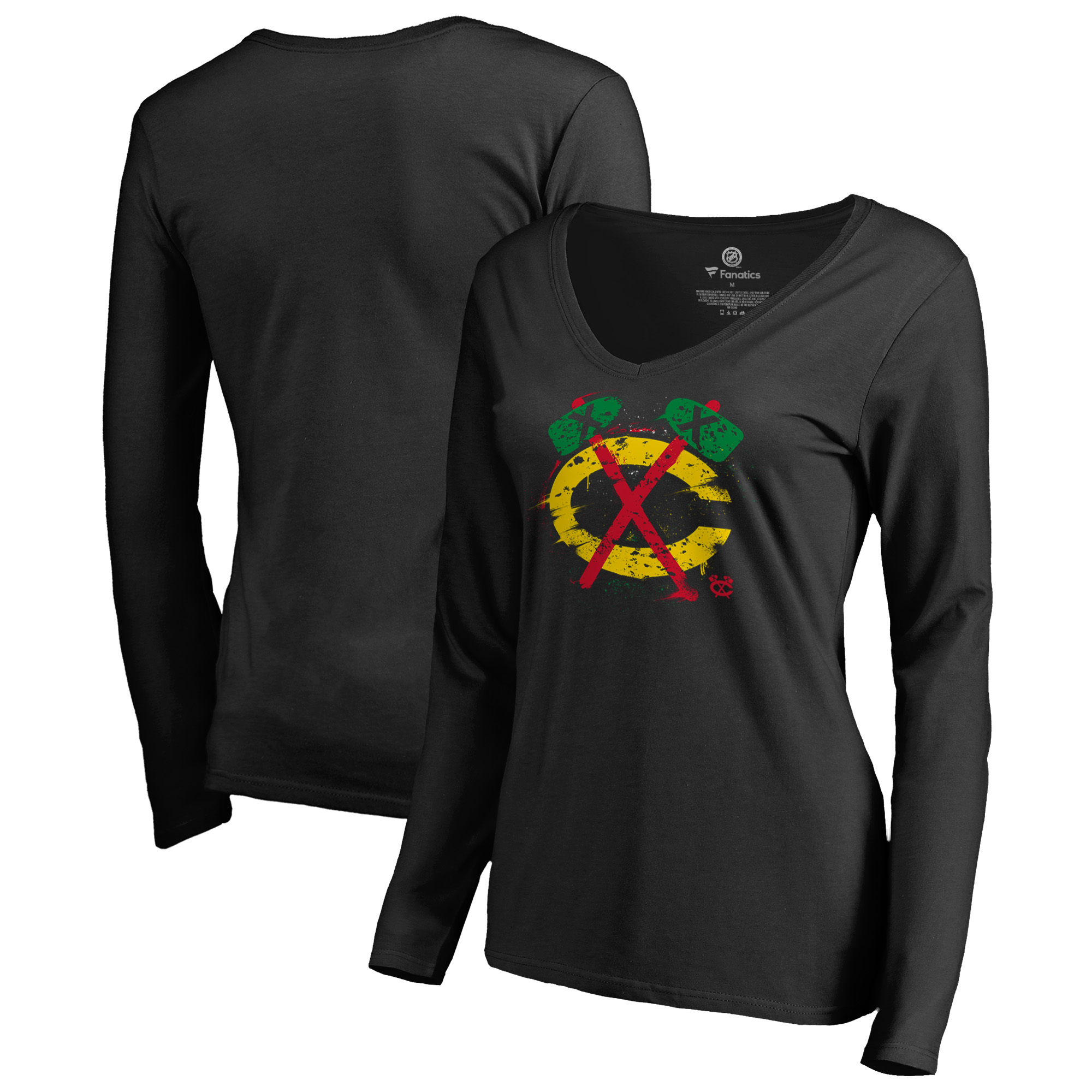 Women's Black Chicago Blackhawks Splatter Logo V-Neck Long Sleeve T-Shirt - Image 2