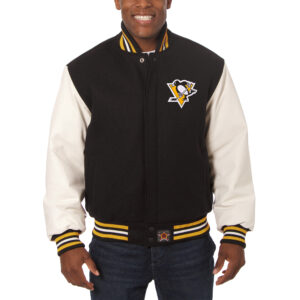 Men's JH Design Black/White Pittsburgh Penguins Big & Tall All-Wool & Leather Full-Snap Jacket