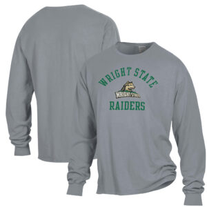 Men's ComfortWash Gray Wright State Raiders Arch Logo Garment Dyed Long Sleeve T-Shirt
