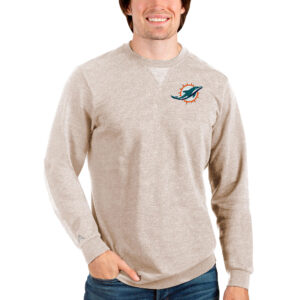 Men's Antigua Oatmeal Miami Dolphins Reward Crewneck Pullover Sweatshirt