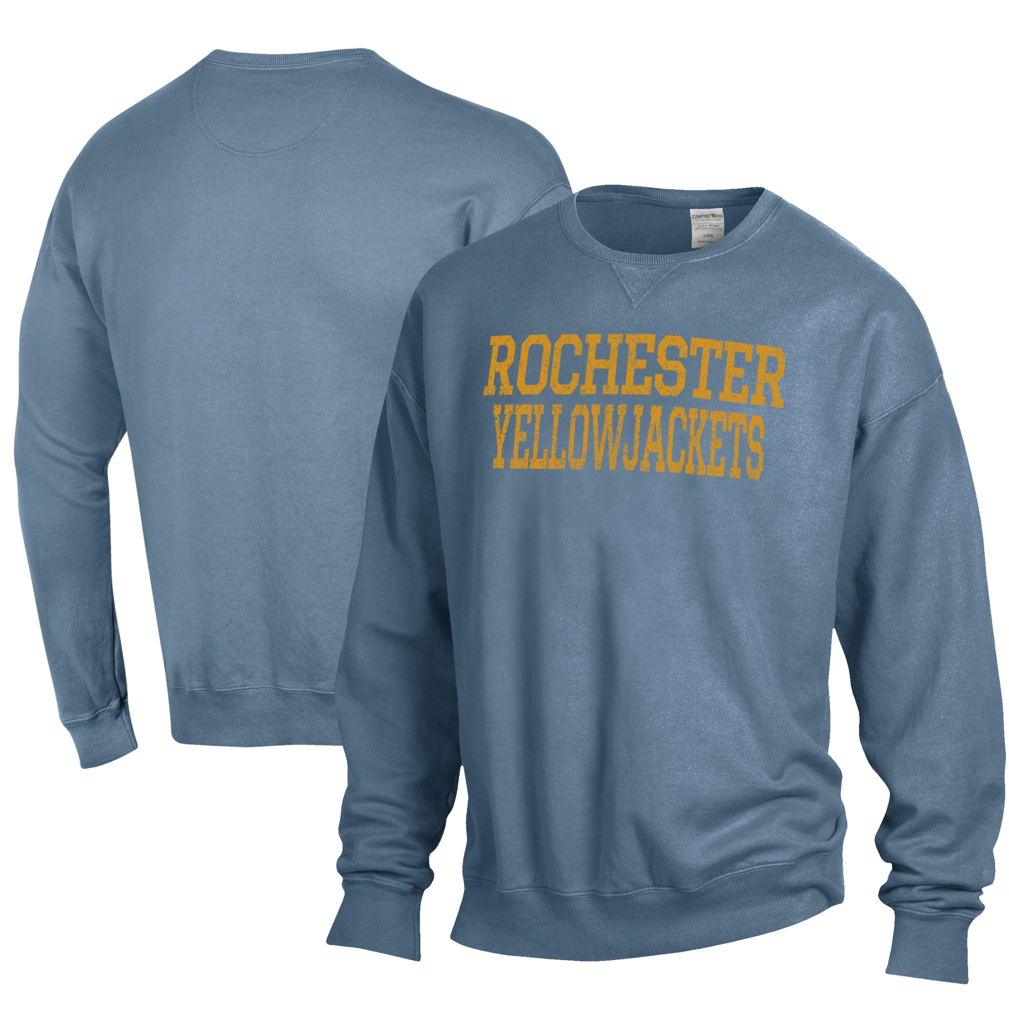 Men's ComfortWash Steel Blue Rochester Yellow Jackets Garment Dyed Fleece Crewneck Pullover Sweatshirt