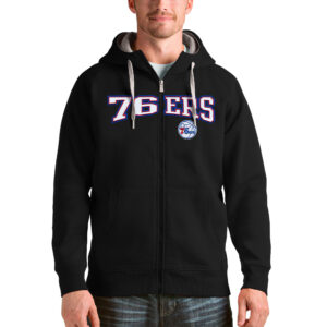 Men's Antigua Black Philadelphia 76ers Victory Full-Zip Hoodie