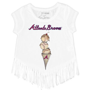 Girls Toddler Tiny Turnip White Atlanta Braves Triple Scoop Fringe T-Shirt