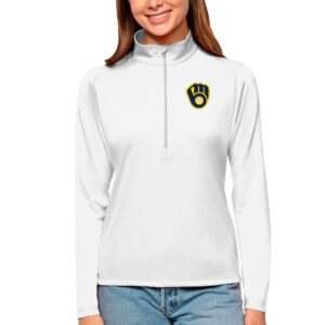 Women's Antigua White Milwaukee Brewers Tribute Quarter-Zip Pullover Top