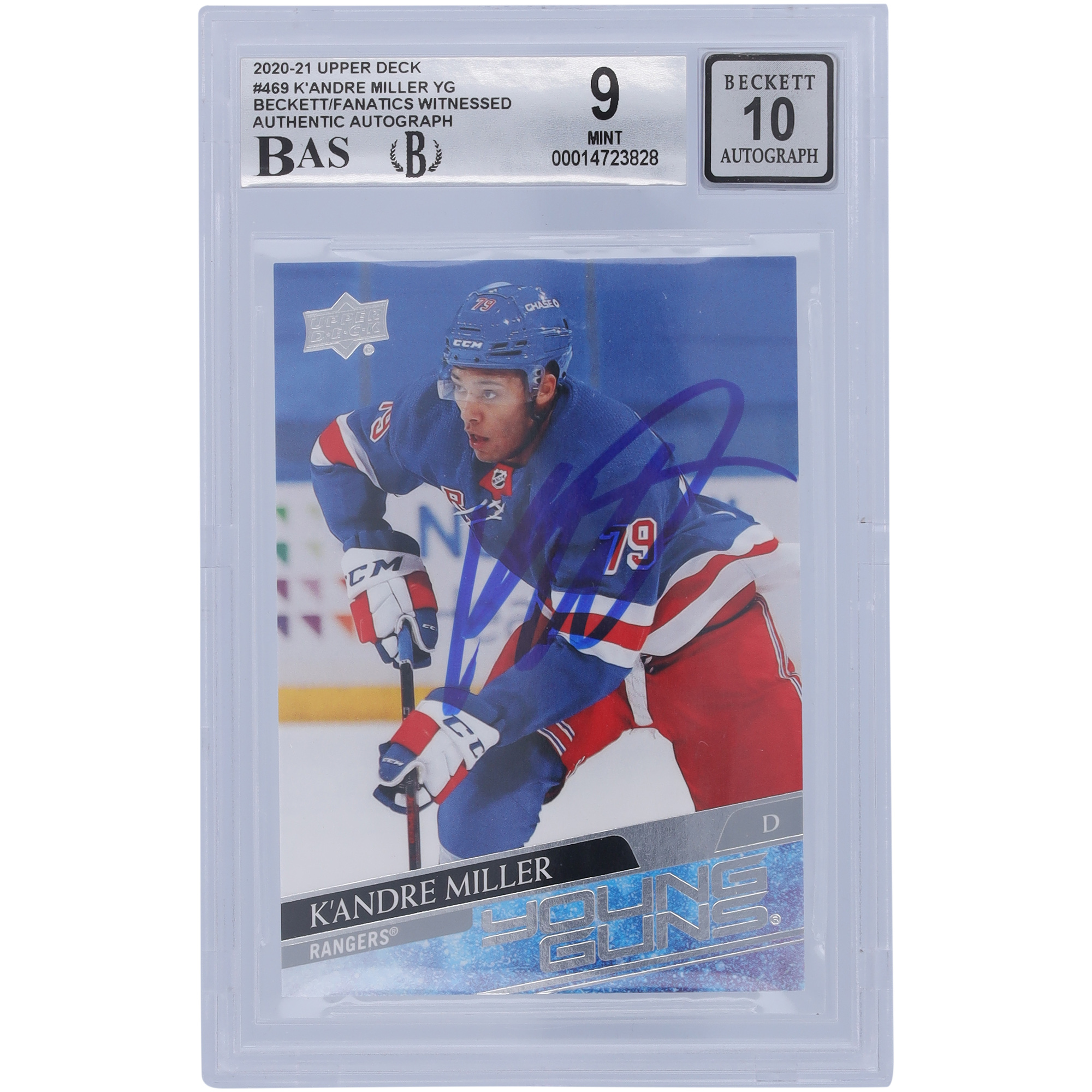 K'Andre Miller New York Rangers Autographed 2020-21 Upper Deck Young Guns #469 Beckett Fanatics Witnessed Authenticated 9/10 Rookie Card - 9.5/9/9/9