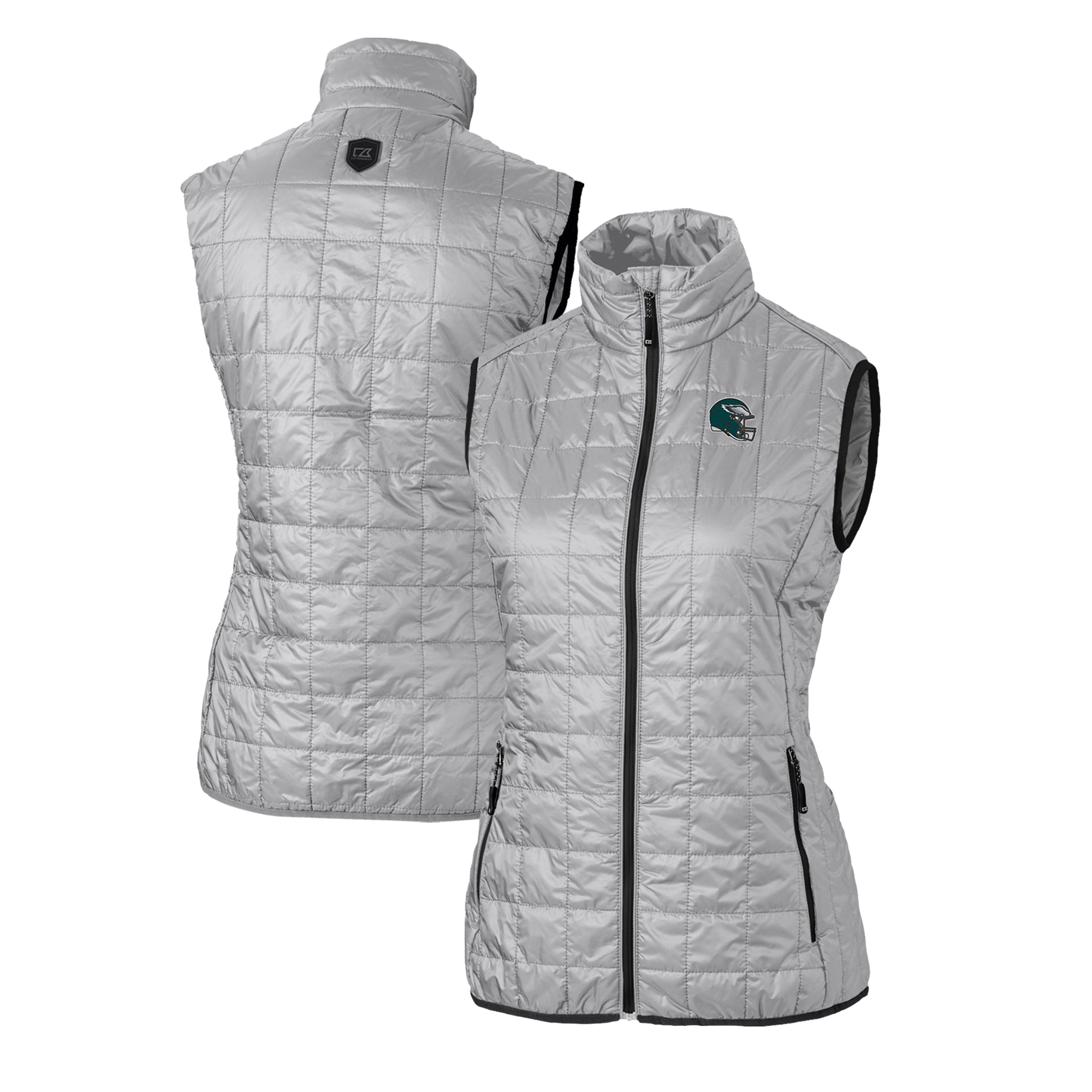 Women's Cutter & Buck Silver Philadelphia Eagles Helmet Logo Rainier PrimaLoft Eco Insulated Full-Zip Puffer Vest