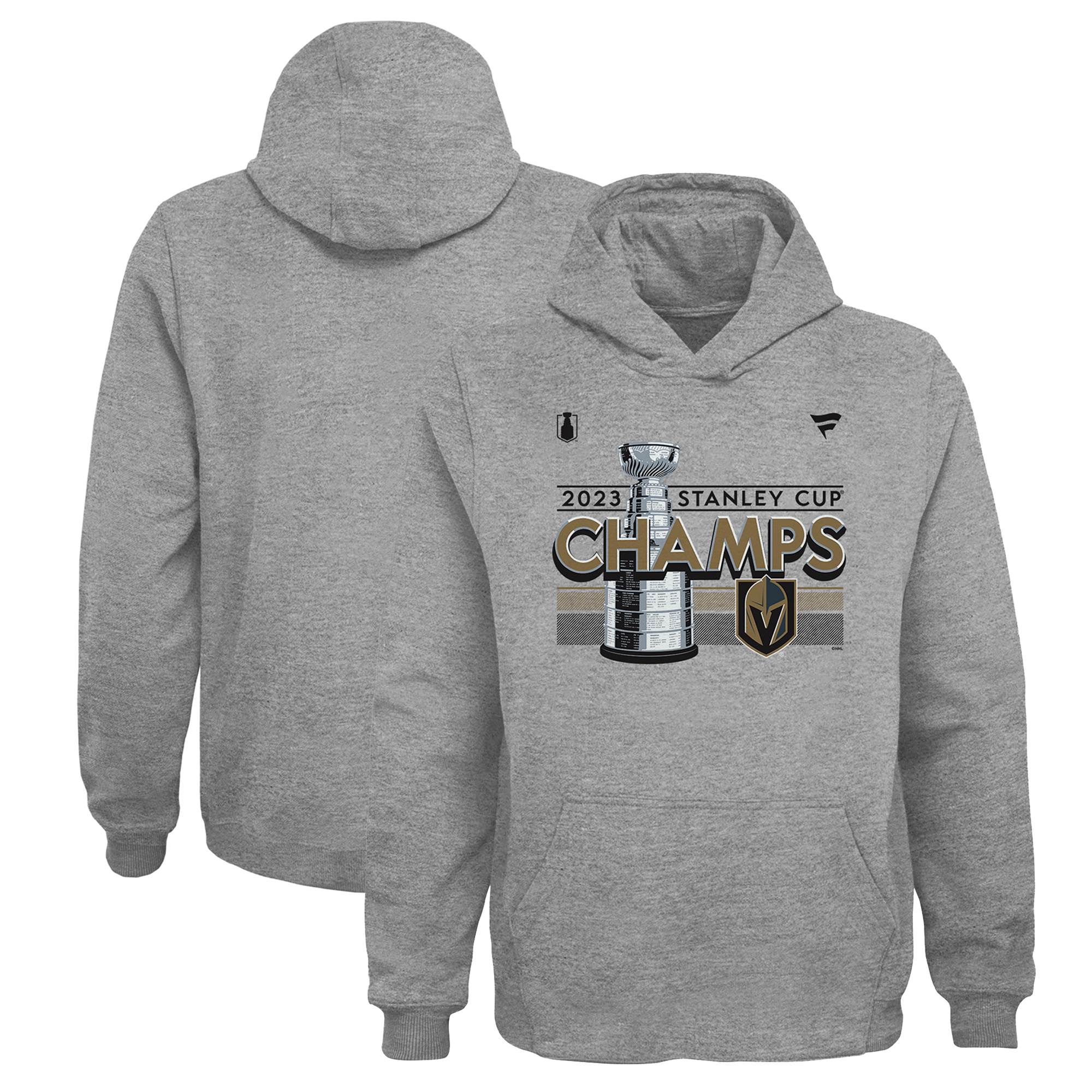 Youth Fanatics Heather Gray Vegas Golden Knights 2023 Stanley Cup Champions Locker Room Pullover Hoodie