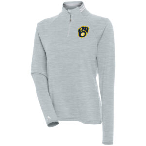 Women's Antigua  Heather Gray Milwaukee Brewers Milo Raglan Quarter-Zip Pullover Top