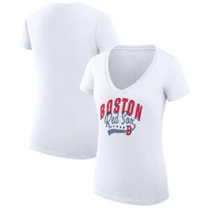 Women's G-III 4Her by Carl Banks  White Boston Red Sox Filigree Team V-Neck Fitted T-Shirt
