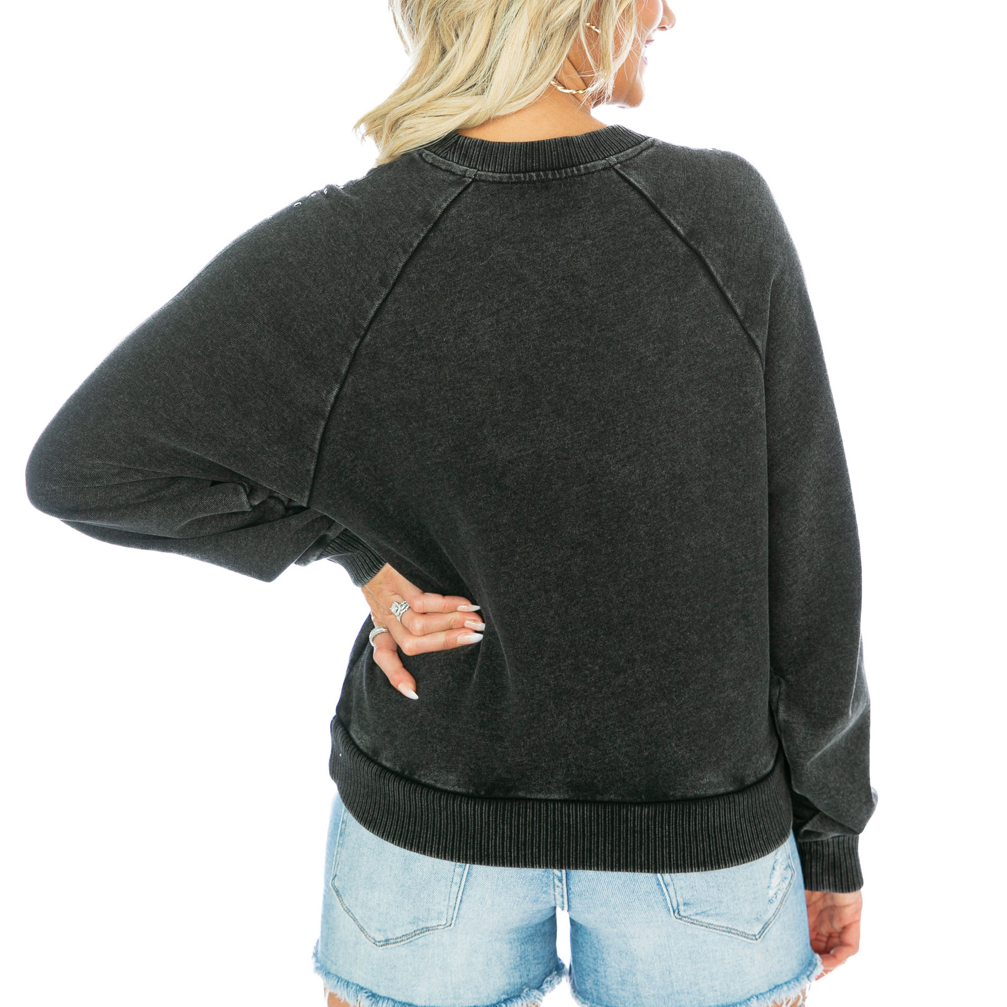 Women's Gameday Couture Charcoal Los Angeles Chargers French Terry Studded Cropped Pullover Sweatshirt - Image 5