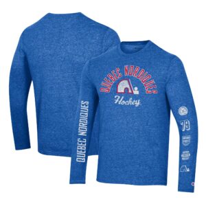 Men's Champion Heather Blue Quebec Nordiques Multi-Logo Tri-Blend Long Sleeve T-Shirt