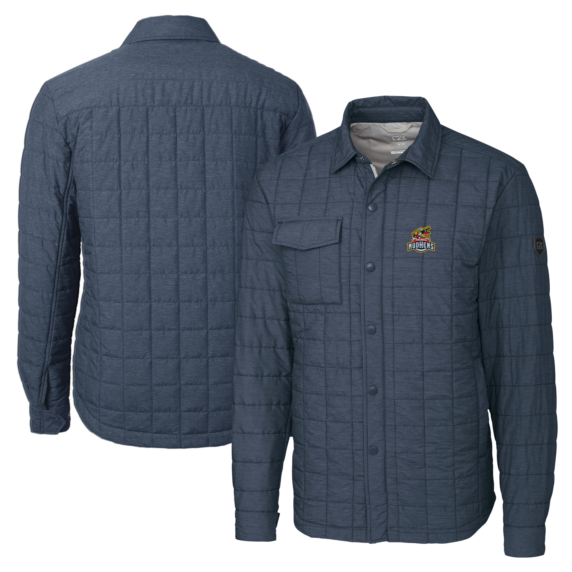 Men's Cutter & Buck Heather Navy Toledo Mud Hens Big & Tall Rainier PrimaLoft Eco Insulated Quilted Button-Up Shacket
