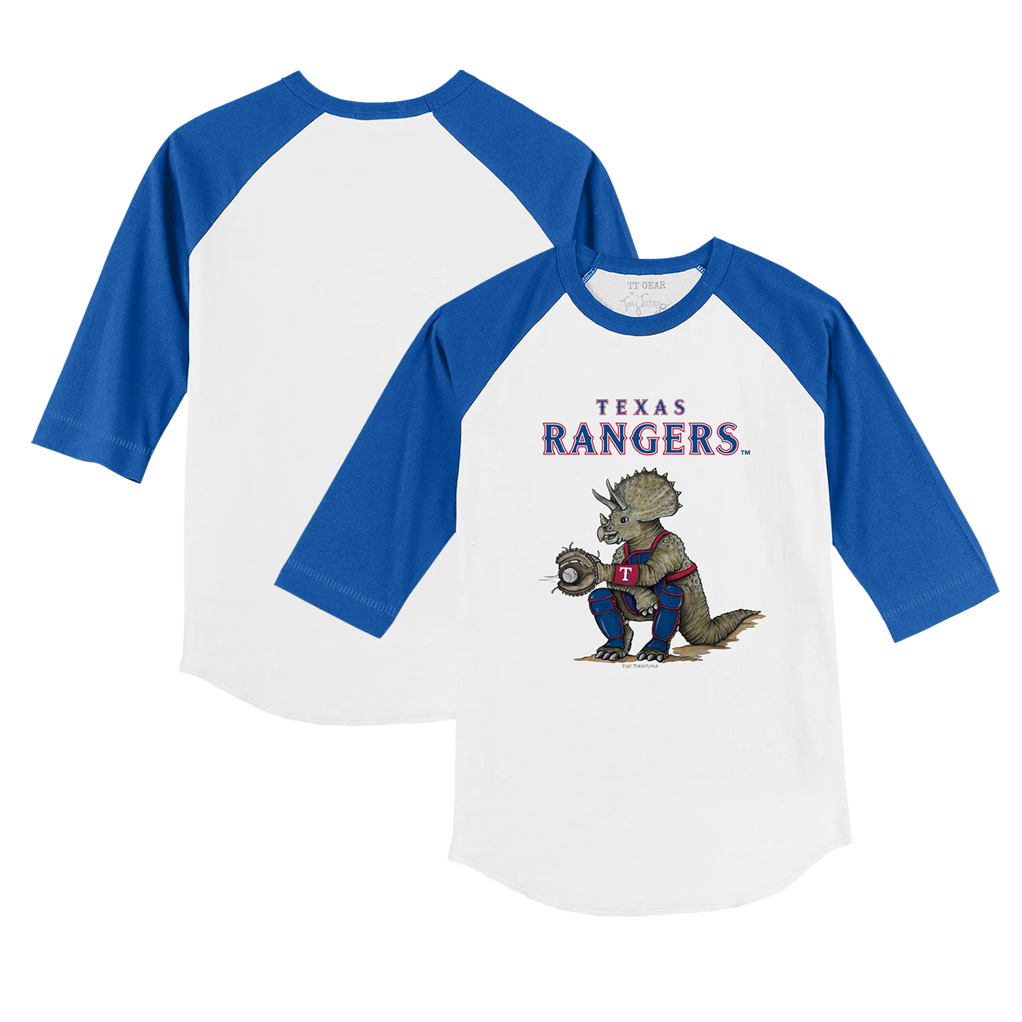 Toddler Tiny Turnip White/Royal Texas Rangers Triceratops 3/4-Sleeve Raglan T-Shirt - Image 2