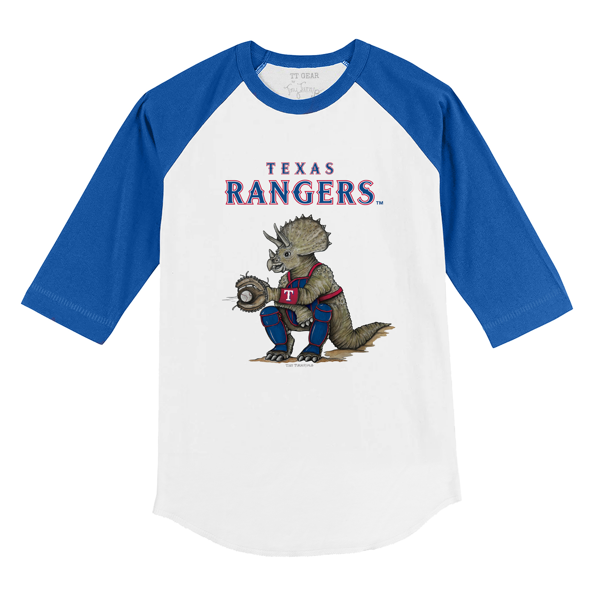 Toddler Tiny Turnip White/Royal Texas Rangers Triceratops 3/4-Sleeve Raglan T-Shirt - Image 6