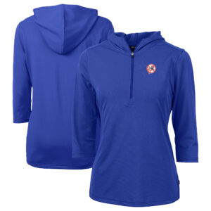 Women's Cutter & Buck Blue New York Yankees Cooperstown Collection DryTec Virtue Eco Pique Recycled 3/4-Sleeve Half-Zip Pullover Hoodie
