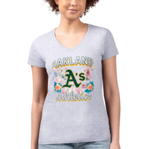 Women's G-III 4Her by Carl Banks Heather Gray Oakland Athletics Flowers Graphic Fitted V-Neck T-Shirt
