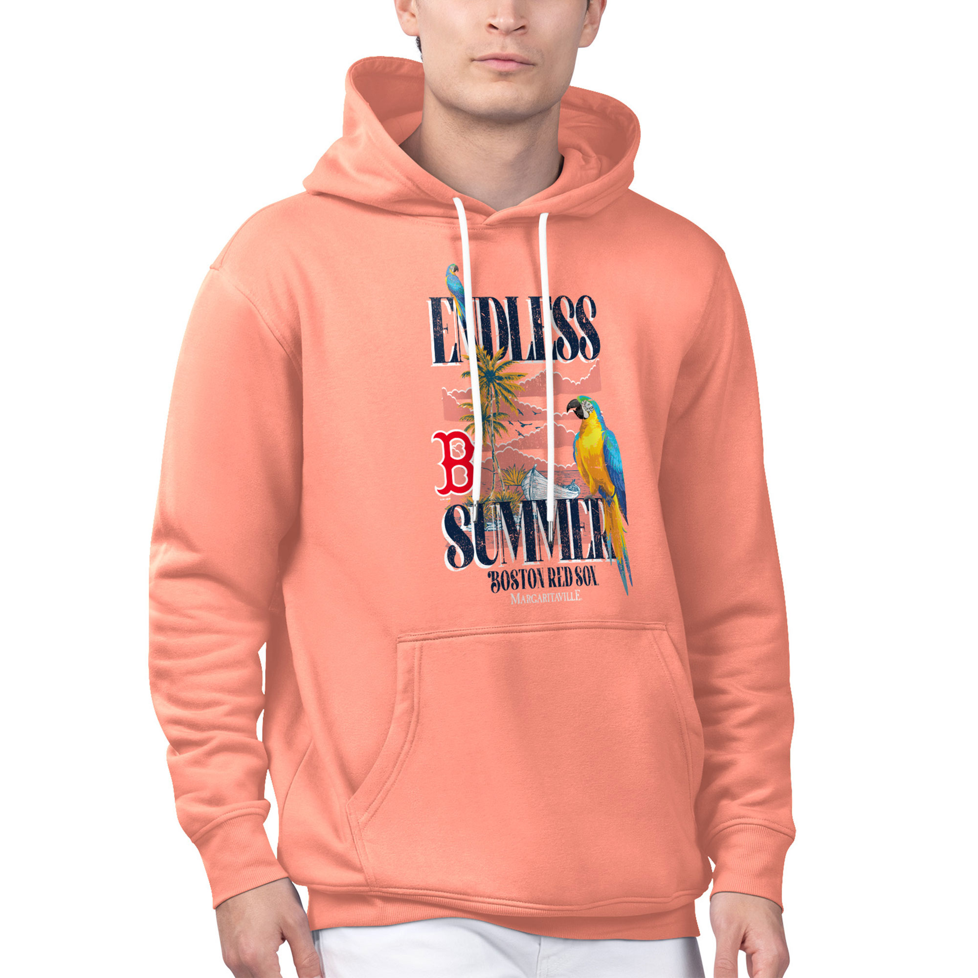 Men's Margaritaville Coral Boston Red Sox Endless Summer Parrot Graphic Pullover Hoodie - Image 2