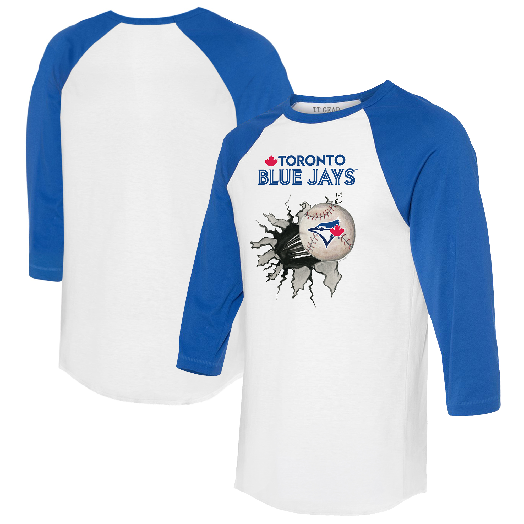 Women's Tiny Turnip White/Royal Toronto Blue Jays Baseball Tear 3/4-Sleeve Raglan T-Shirt - Image 2
