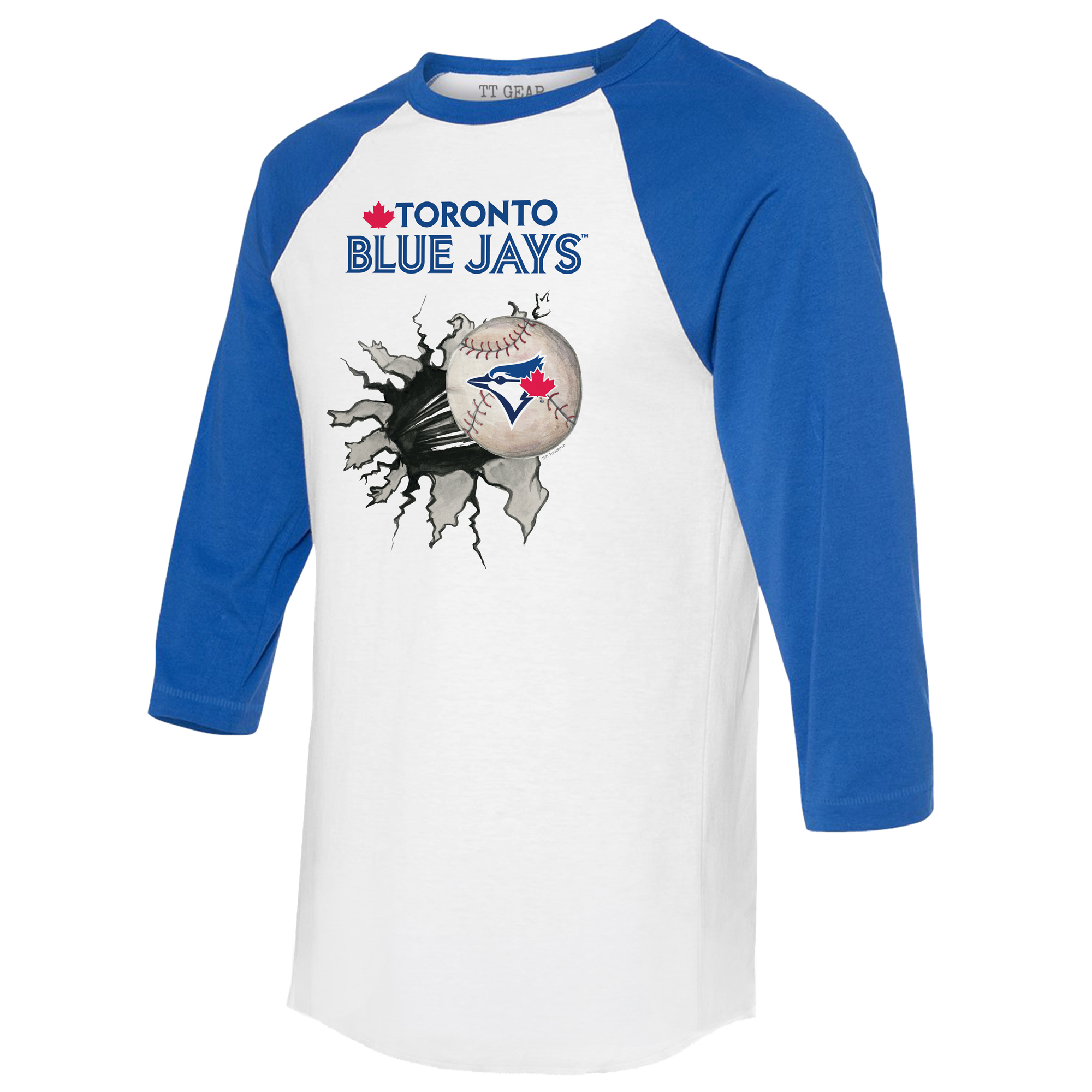 Women's Tiny Turnip White/Royal Toronto Blue Jays Baseball Tear 3/4-Sleeve Raglan T-Shirt - Image 3