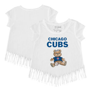 Girls Toddler Tiny Turnip White Chicago Cubs Girl Teddy Fringe T-Shirt