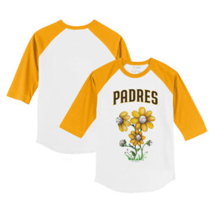 Youth Tiny Turnip White/Gold San Diego Padres Blooming Baseballs 3/4-Sleeve Raglan T-Shirt