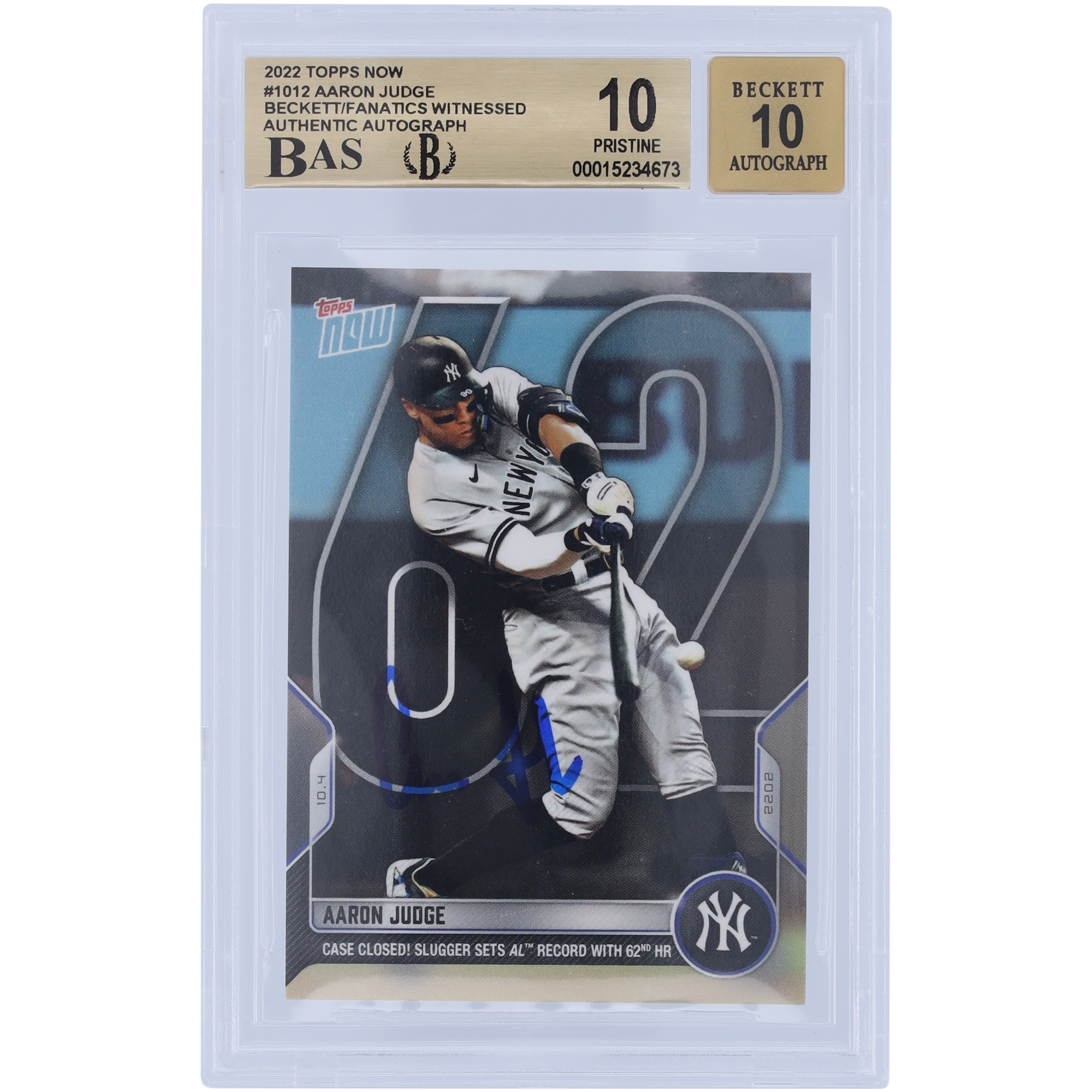 Aaron Judge New York Yankees Autographed 2022 Topps Now 62nd HR #1012 Beckett Fanatics Witnessed Authenticated 10/10 Card - 9.5,10,10,10 Subgrades