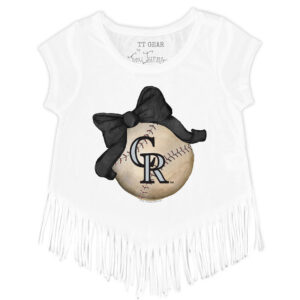 Girls Youth Tiny Turnip White Colorado Rockies Baseball Bow Fringe T-Shirt