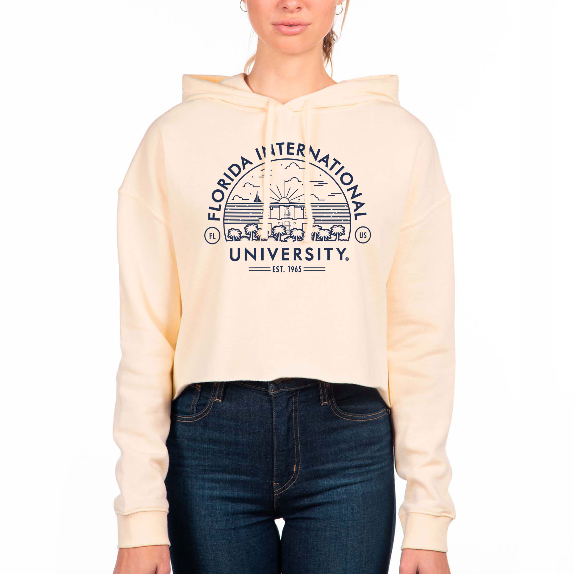 Women's Uscape Apparel Cream FIU Panthers Circle Scene Raw Edge Cropped Pullover Hoodie